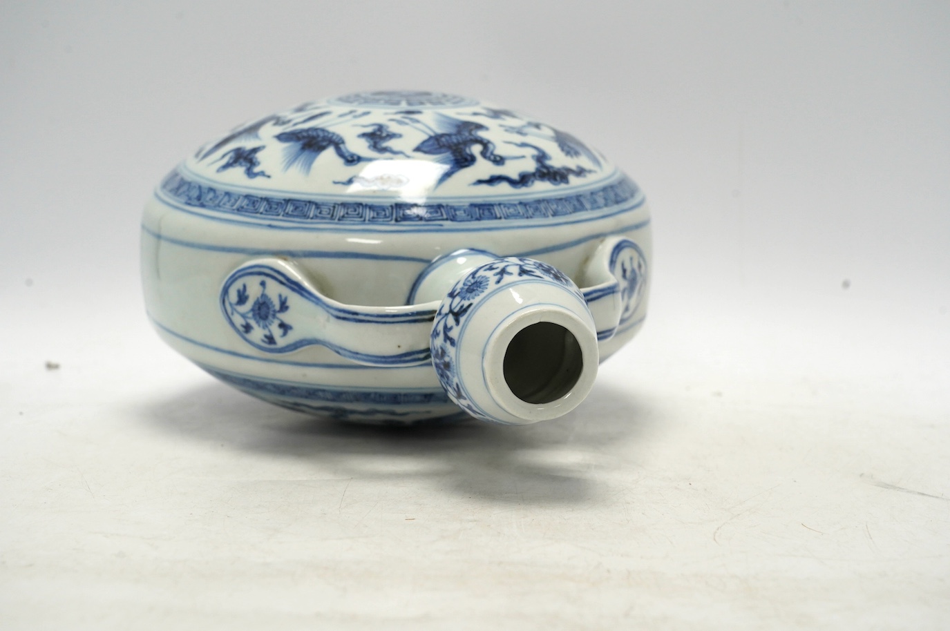 A Chinese blue and white two-handled moonflask, 30cm high. Condition - good